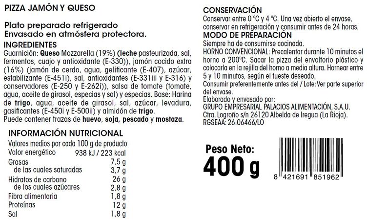 Pizza Alipende 400g jamón y queso