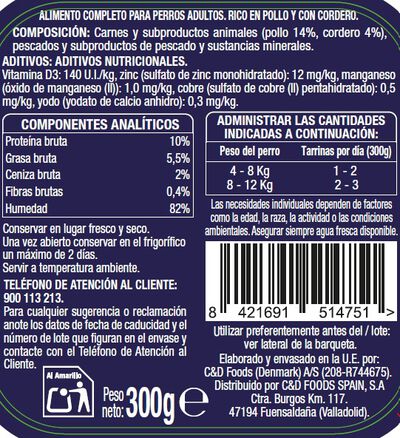 Comida húmeda perro Meque rico en pollo con cordero 300g