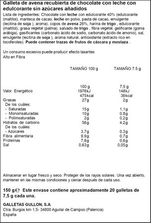 Galletas de avena finas zero sin az&uacute;cares a&ntilde;adidos chocolate con leche Gull&oacute;n 150g