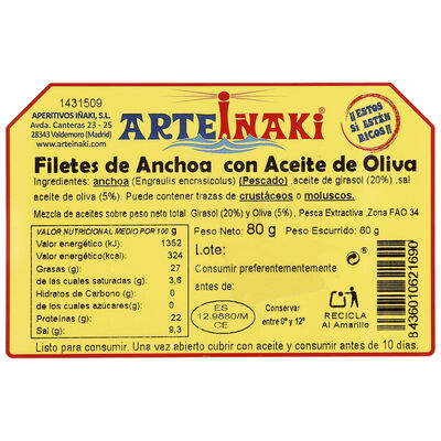 Filetes de anchoa con aceite de oliva Arteiñaki 60g