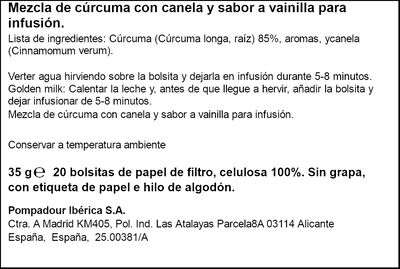 Infusi&oacute;n con c&uacute;rcuma canela y vainilla Pompadour 20 unidades