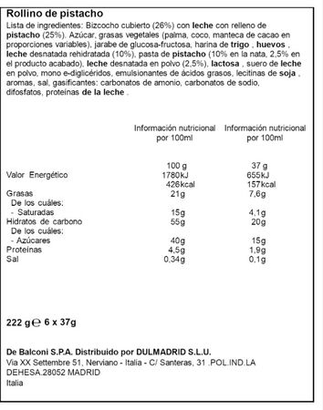Pastelito rollino cubierto y relleno de crema de pistacho Balconi 222 g