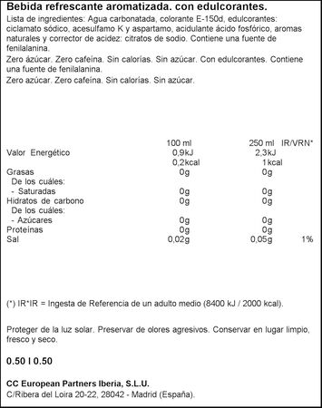 Refresco cola Coca-Cola botella 50cl zero zero sin cafe&iacute;na