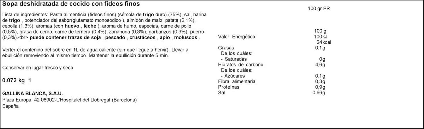 Sopa Gallina Blanca 72g cocido