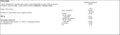 Chocolate negro sin gluten Valor 200g 70% de cacao