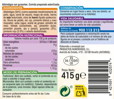 Albondigas sin gluten Alipende 415g con guisantes
