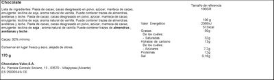 Chocolate negro sin gluten Valor 170g 92% de cacao
