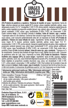 Palmera de hojaldre bomb&oacute;n Virgen del Brezo 300g chocolate