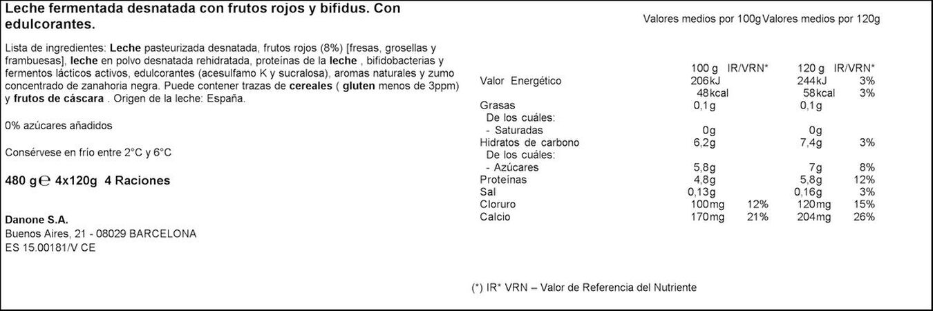 Bífidus probiótico Activia 0% pack 4 frutos rojos