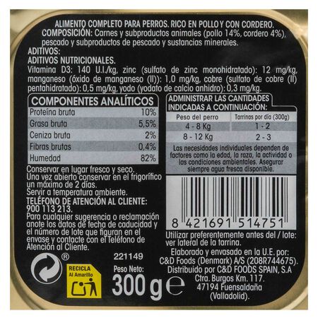 Comida húmeda perro Meque rico en pollo con cordero 300g