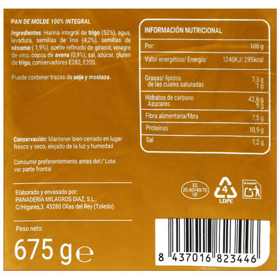 Pan molde 100% Integral MIlagros 675g
