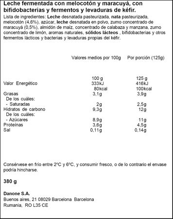 Kefir activia con sabor a melocot&oacute;n y maracuy&aacute; 380g Activia