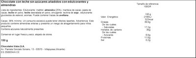 Chocolate con almendras marconas s/gluten s/azúcar añadido Valor 150g