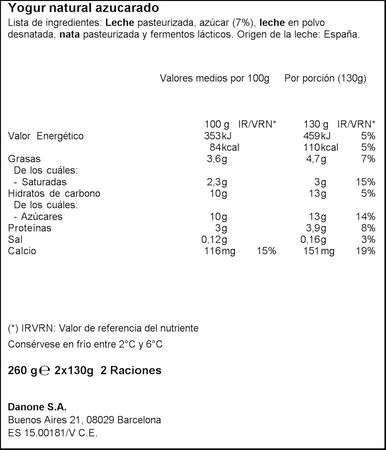 Yogur original Danone pack 2 azucarado