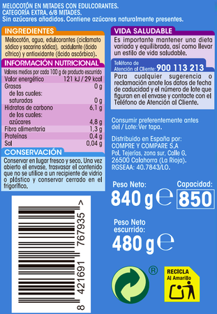 Melocoton en almibar s/gluten s/azucar Alipende 480g