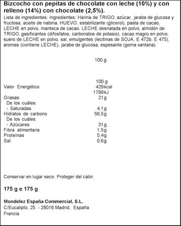 Bizcochito Milka Cake Choc crema pepitas chocolate 175g