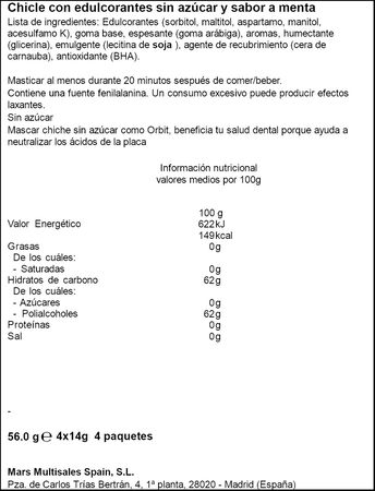 Chicles menta sin azúcar Orbit pack 4