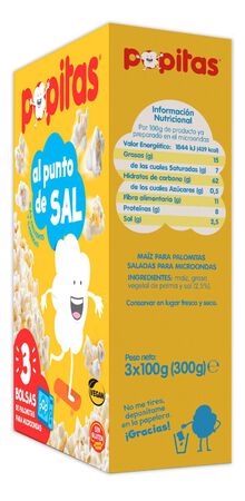 Palomitas punto de sal microondas s/gluten Popitas pack 3