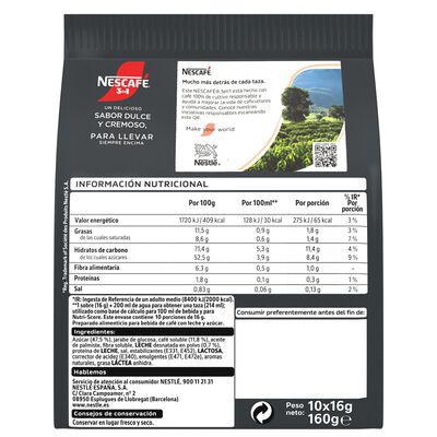 Caf&eacute; soluble Nescaf&eacute; 3 en 1. Sobres de caf&eacute;, leche y az&uacute;car 10x16g