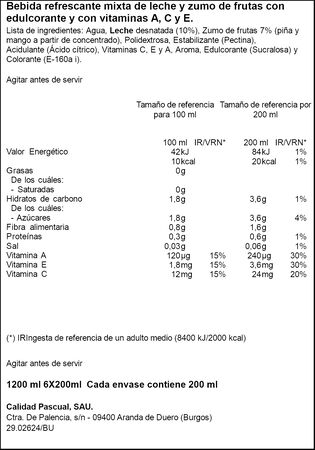 Zumo tropical con leche Bifrutas Pascual pack 6 sin azúcar