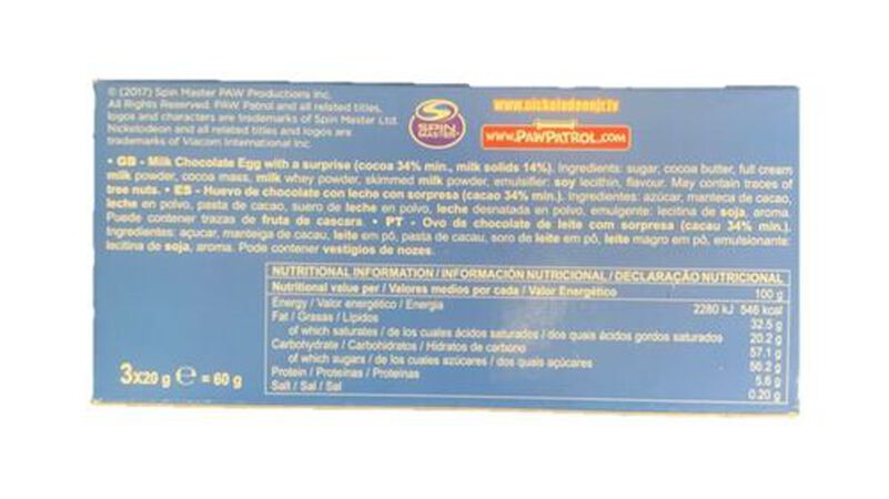 Huevo sorpresa de chocolate 3u Paw Patrol