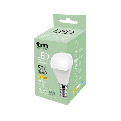 Bombilla Led esf&eacute;rica e14 pl&aacute;stico TM p45 6W c&aacute;lida