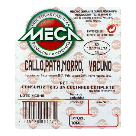 Callo-pata-morro de vacuno Meca 450g aproximadamente