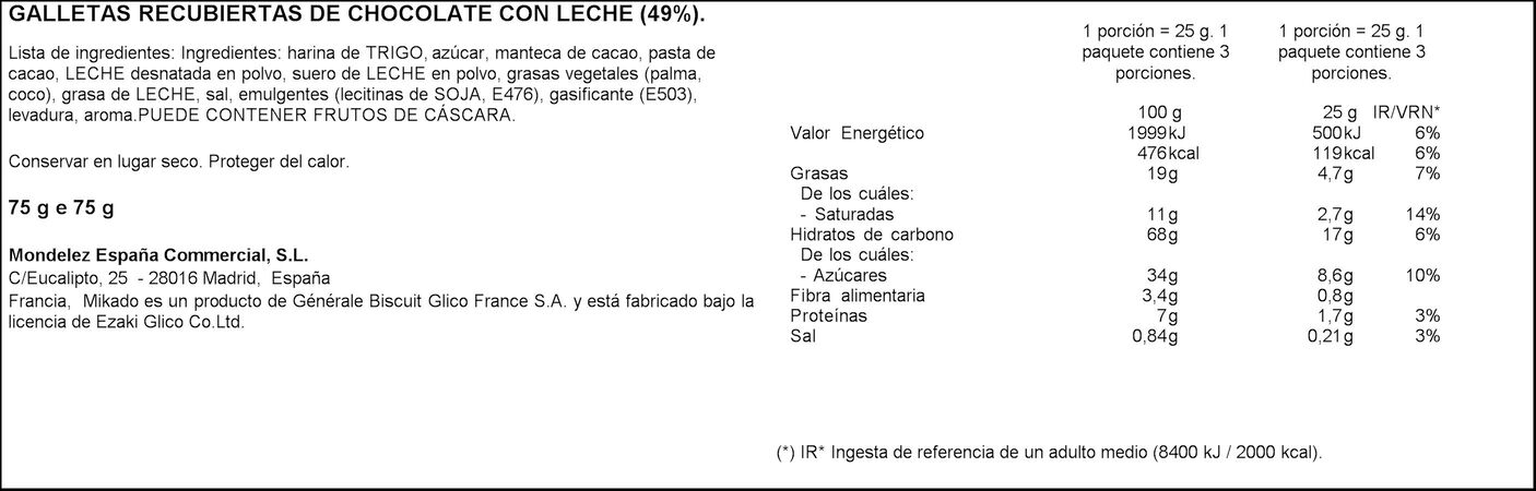 Galleta Mikado lu 75g chocolate con leche