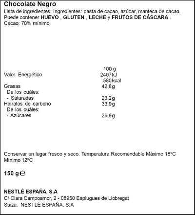 Chocolate negro en láminas Nestlé 70% 150g