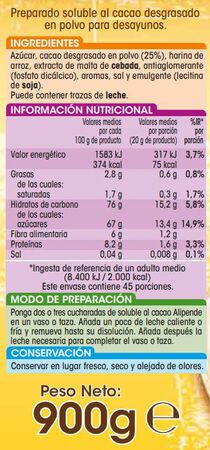 Cacao soluble sin gluten Alipende 900g