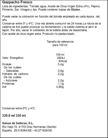 Gazpacho fresco Garc&iacute;a Mill&aacute;n estilo andaluz 330ml
