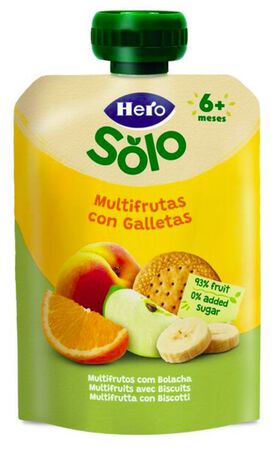 Alimento infantil preparado de frutas sin azúcar añadido y sin gluten Hero 100 g multifrutas con galletas