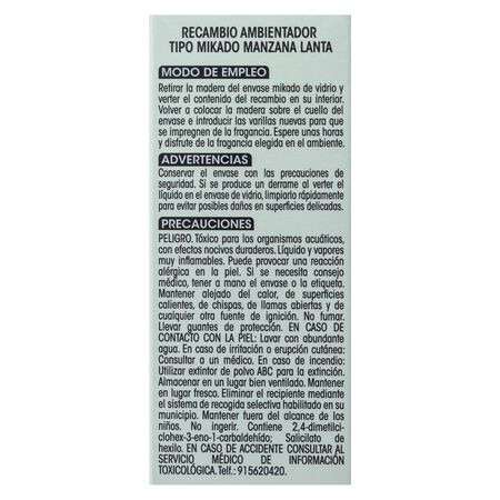 Ambientador tipo mikado Lanta 50ml recambio manzana