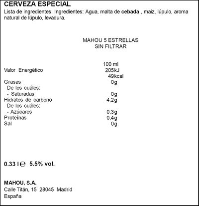 Cerveza sin filtrar Mahou 5 estrellas botella 33cl