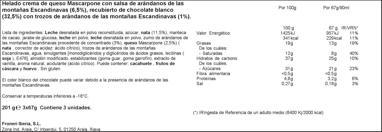 Helado Nuii 3 uds mascarpone con arándanos rojos escandinavos