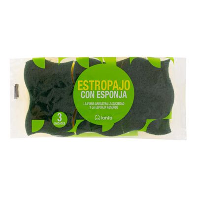 Estropajo con esponja Lanta 3 uds fibra verde