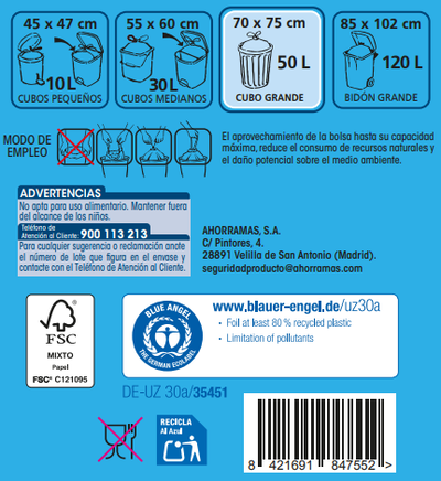 Bolsas de basura Lanta 15 uds 50 litros grandes color azul