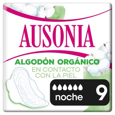 Compresas con alas Ausonia 100% algodón orgánico 9 uds noche