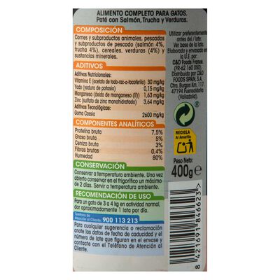 Alimento completo para gatos con salm&oacute;n, trucha y verduras Meque 400g