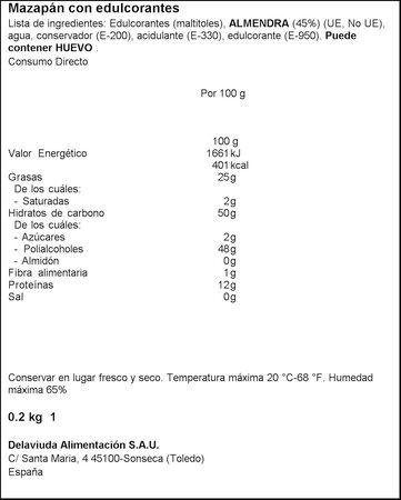 Mazapán sin azúcar Delaviuda 200g