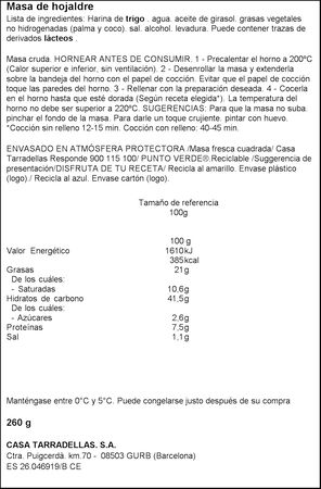 Masa de hojaldre cuadrada fresca Casa Tarradellas 260g