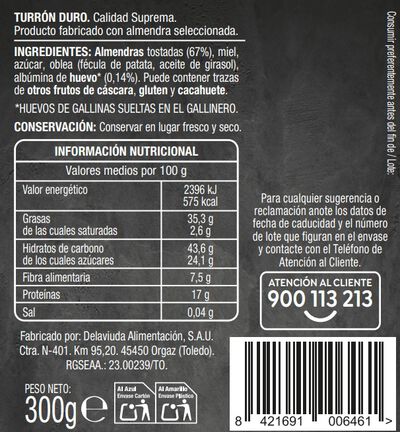 Turr&oacute;n duro con 67% de almendra Alipende 300g