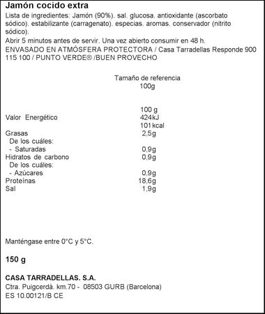 Jam&oacute;n cocido Casa Tarradellas 150gr finas lonchas