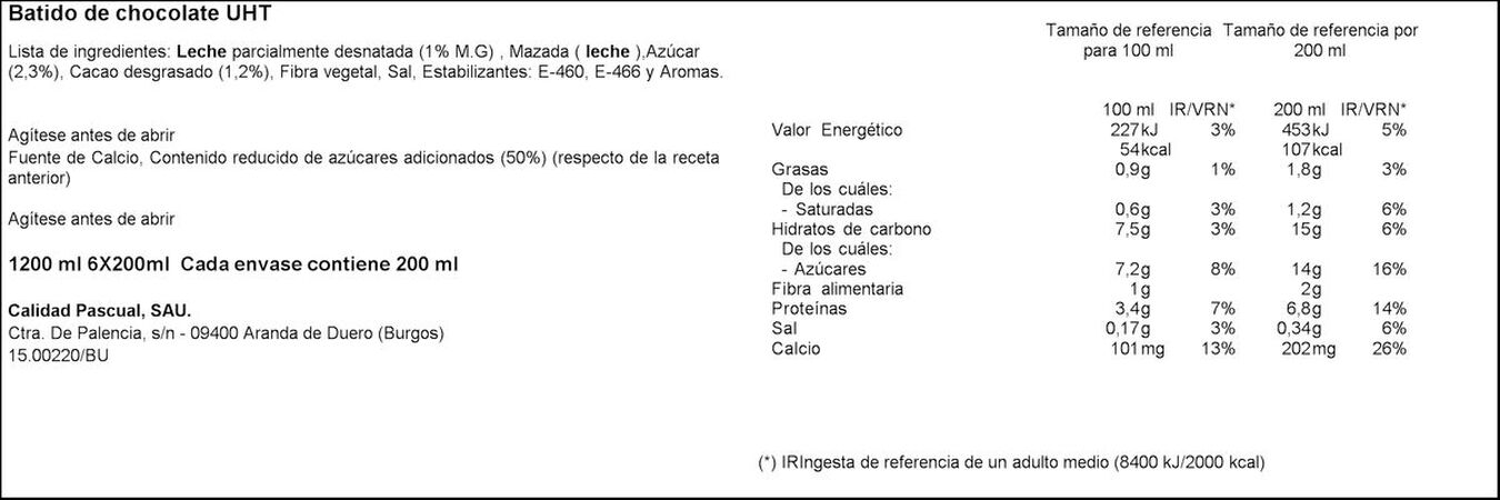 Batido Pascual 200ml pack 6 chocolate