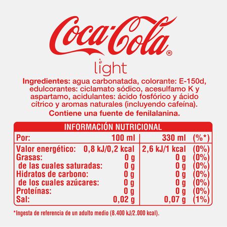 Refresco cola Coca-Cola lata 33cl light