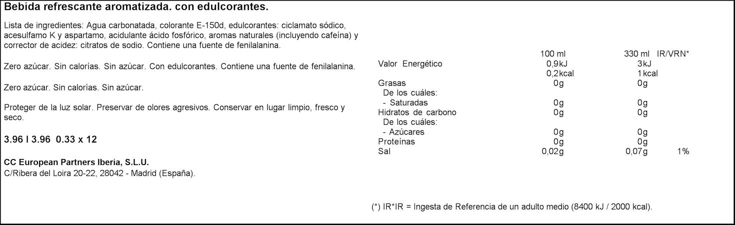 Refresco cola Coca-Cola lata 33cl pack 12 zero