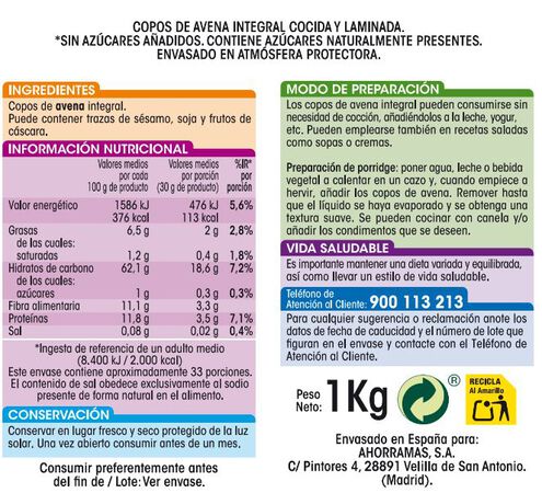 Copos de avena integrales Alipende 1kg suaves