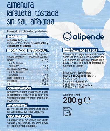 Almendra largueta sin sal tostada Alipende 200G