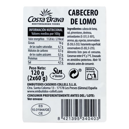 Cabecero de lomo en lonchas Costa Brava pack 2 de 60g