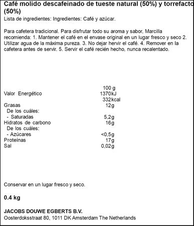 Caf&eacute; molido descafeinado mezcla Marcilla 400g
